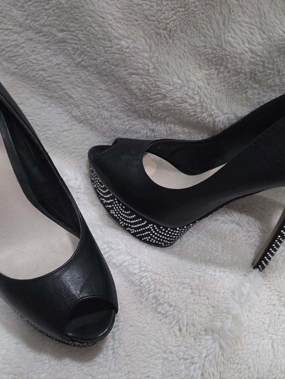 Aldo Black Peep-Toe Platform Heels with Rhinestone Detail
